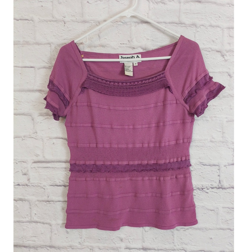 Purple Textured Knit Short Sleeve Top Medium Square Neck Ruffle Coquette